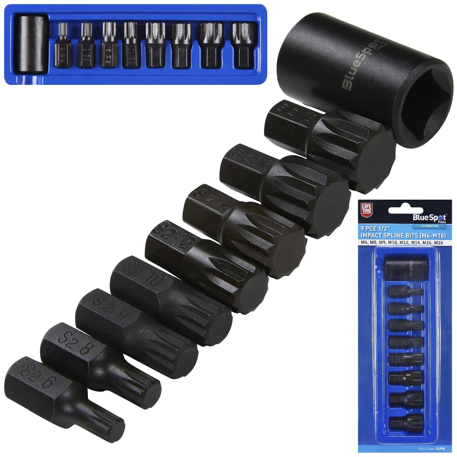 BlueSpot Impact Spline Bits Sockets 1/2" Drive M6-M18 9 Piece