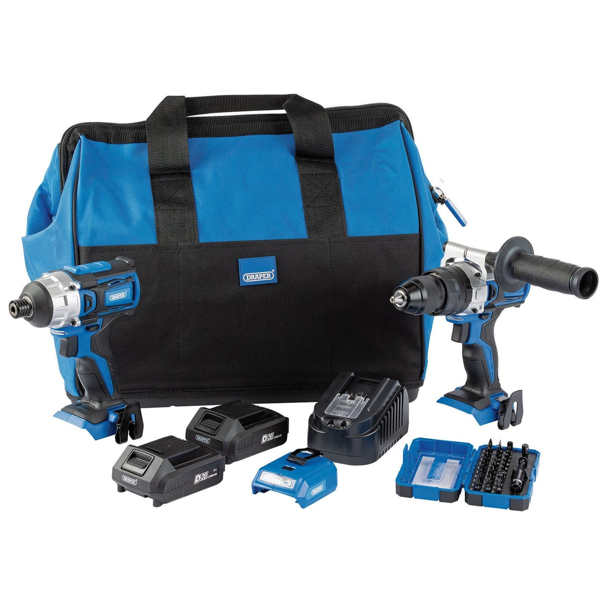 Draper D20 Fix 'N' Go Kit (2 Piece) 2 x 2.0Ah Batteries 1 x Charger 1 x Bag 90471  White Rose Tools