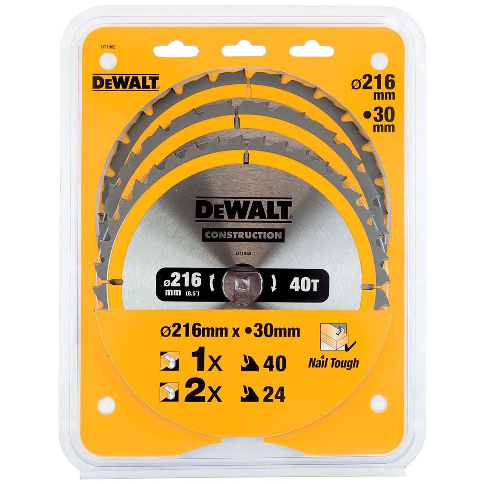 DeWalt Circular Saw Blade Set Construction Wood Nails 216mm 3 Pack 24T 40T DT1962