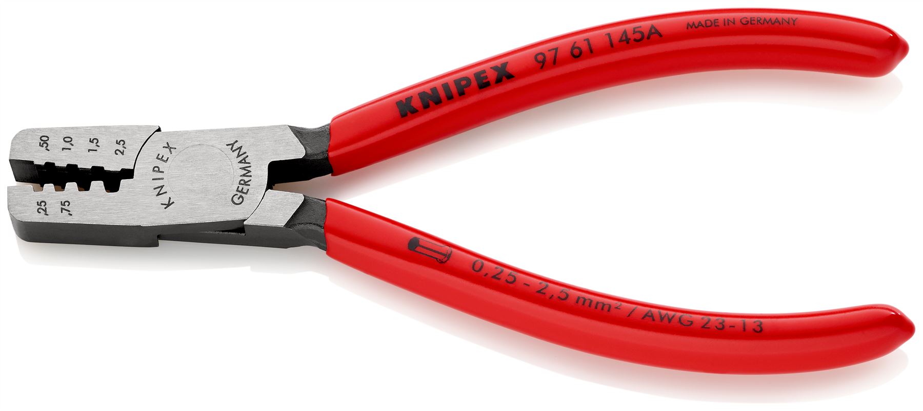 KNIPEX Crimping Pliers for Wire Ferrules 145mm 0.25-2.5mm² 145mm Plastic Coated Handles 97 61 145 A