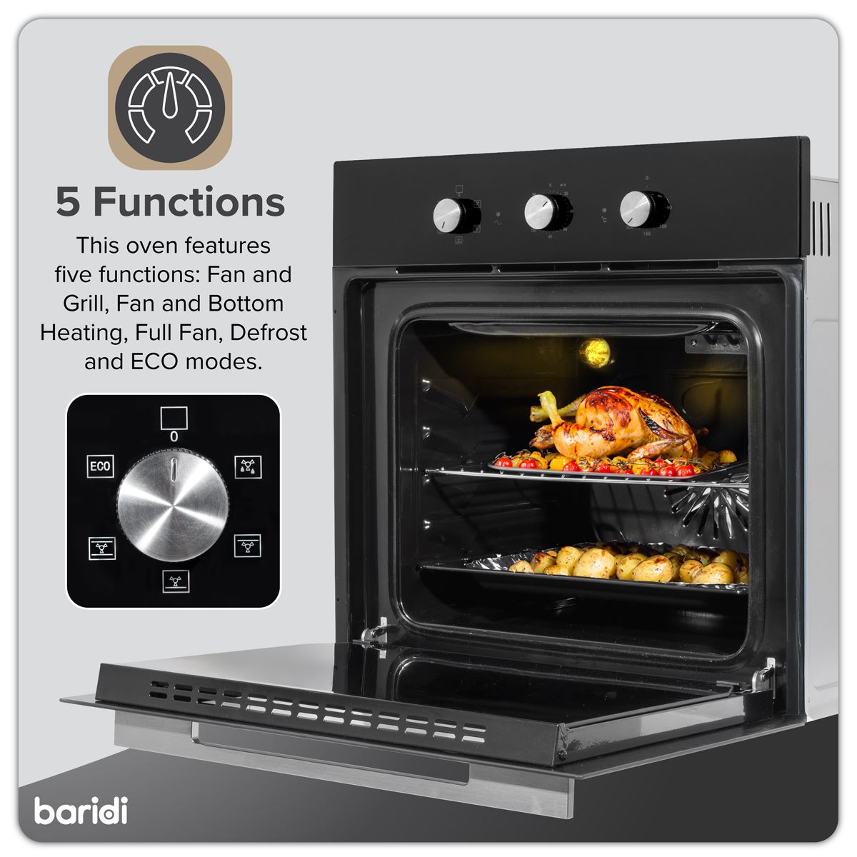 Baridi Built-In 5-Function Fan Assisted Oven with Timer 60cm, 55L Capacity - Black
