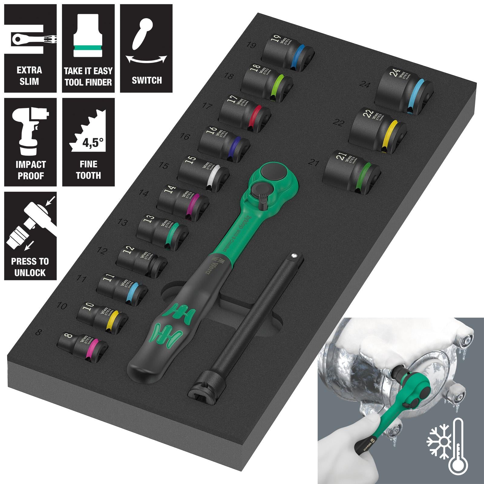 Wera Foam Insert Ratchet Wrench Socket Set 8010 B Zyklop Comfort Ratchet Set 1 3/8" Drive 9724 16 Pieces