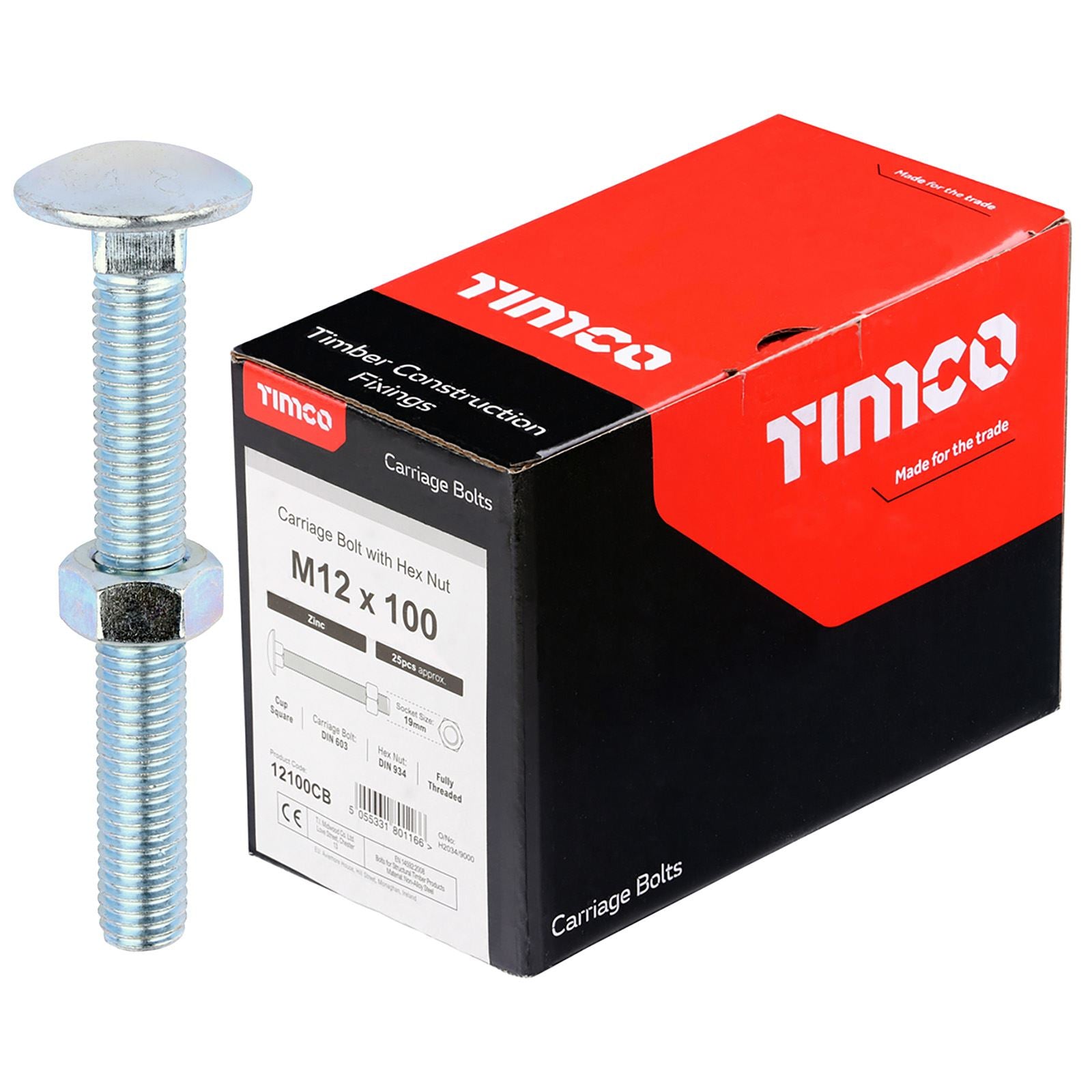 TIMCO Carriage Bolts with Hex Nuts 4.8 Grade Zinc Carbon Steel Boxed M6-M16 - Choose Size