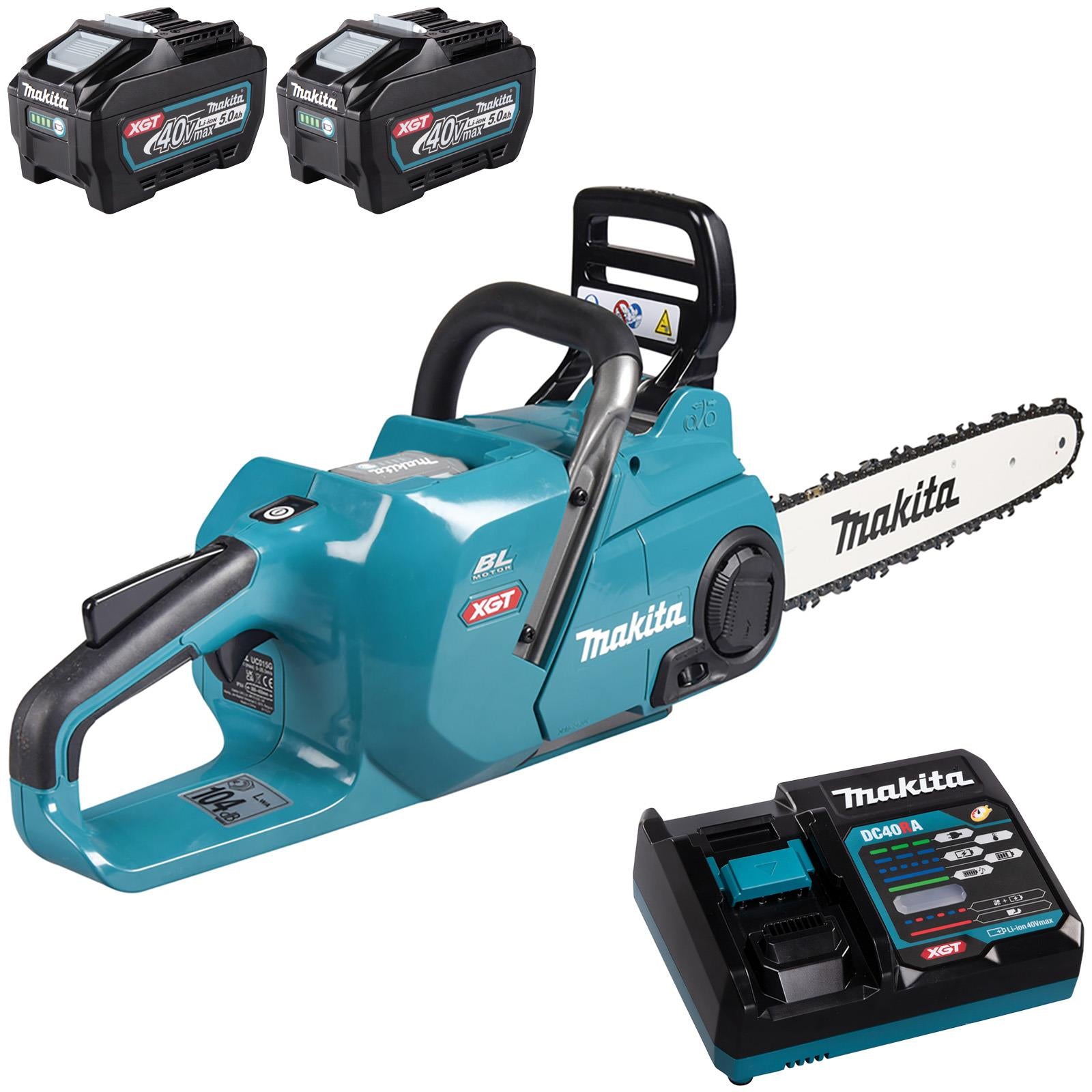 Makita Chainsaw Kit Heavy Duty 35cm 14" 40V XGT Brushless Cordless 2 x 5Ah Battery and Rapid Charger Garden Tree Cutting Pruning UC015GT201