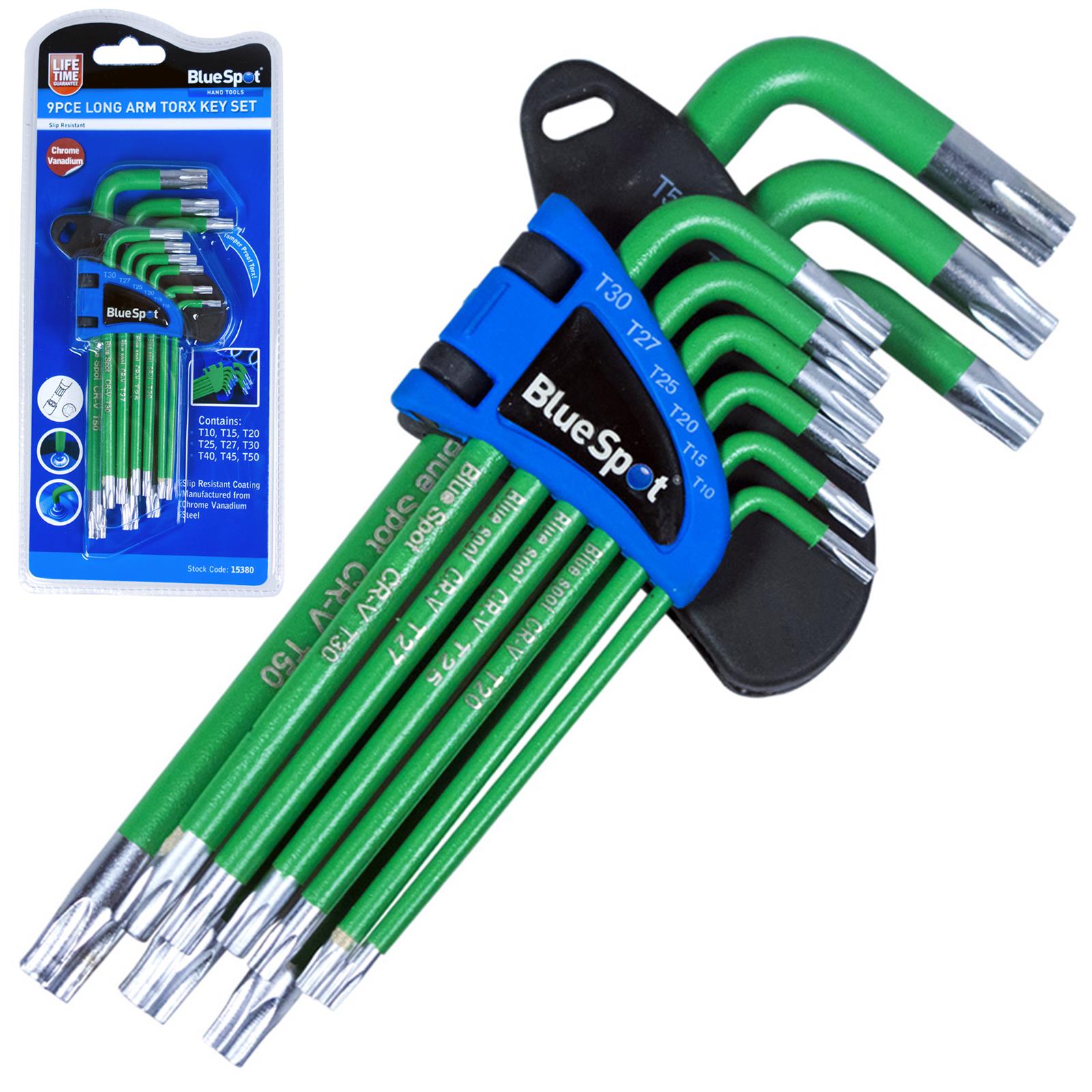 BlueSpot Long Arm Tamper Proof Torx Key Set 9 Piece T10-T50