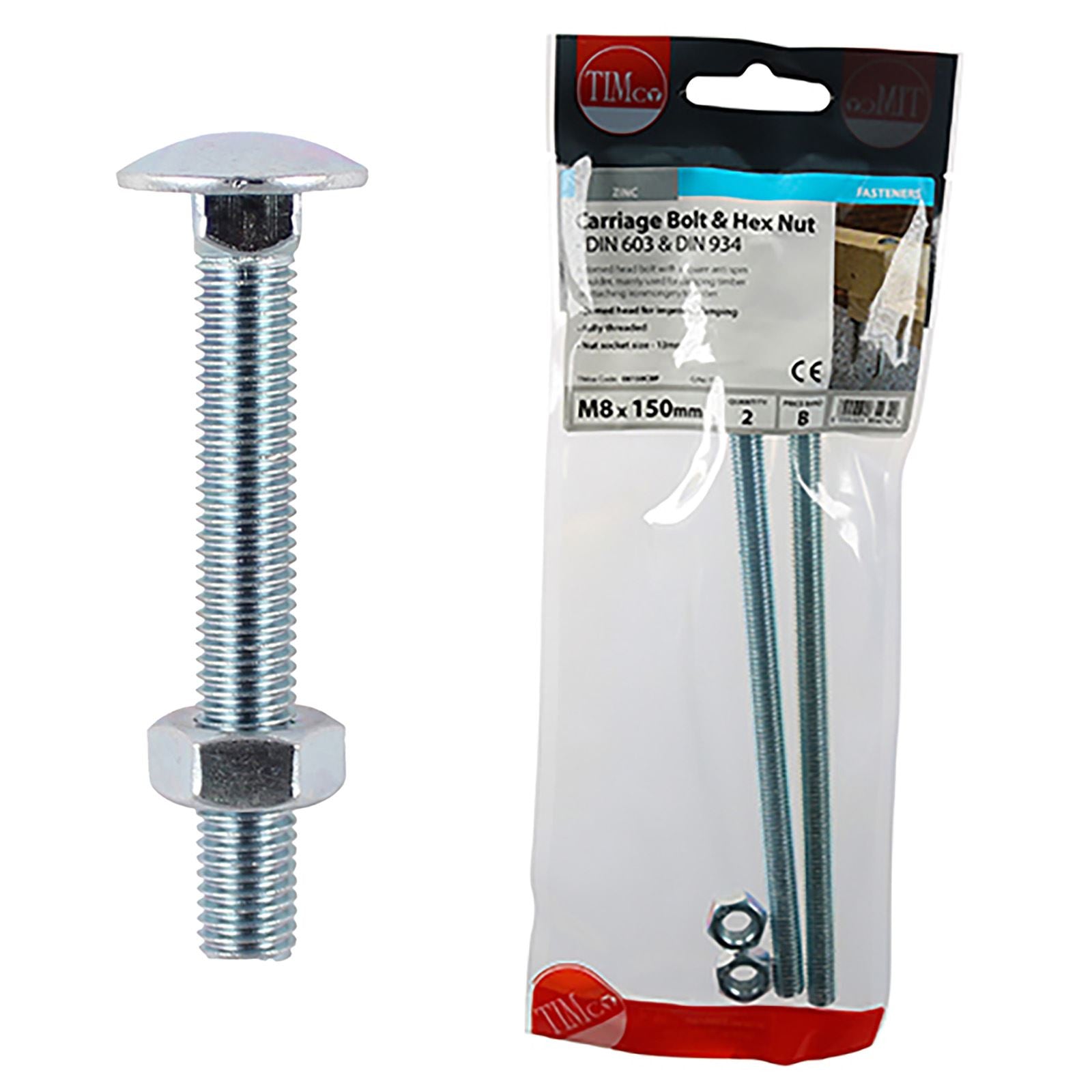 TIMCO Carriage Bolts with Hex Nuts 4.8 Grade Zinc Carbon Steel TIMpac M6-M12 - Choose Size