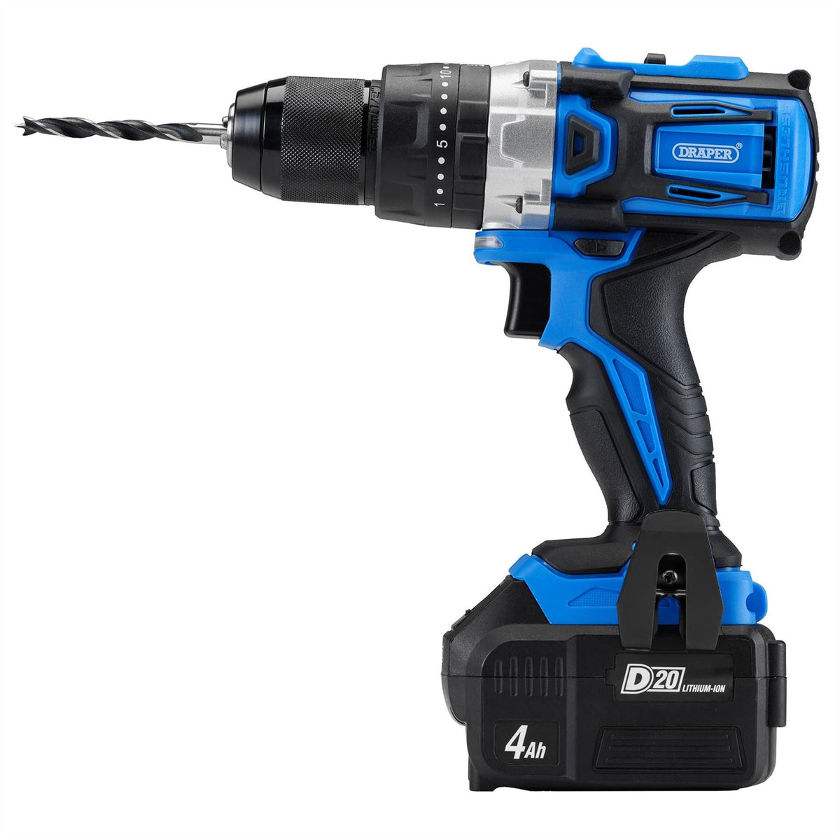 Draper D20 20V Brushless Combi Drill 1 x 4.0Ah Battery 1 x Fast Charger 79894  White Rose Tools