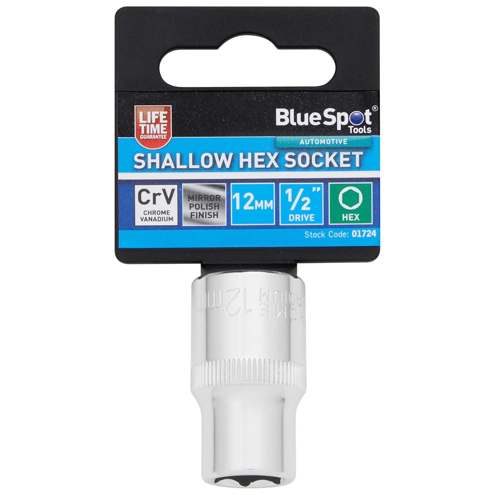 BlueSpot Shallow Socket 1/2" Drive 6 Point Hex Chrome Individual 8-32mm - Choose Size  White Rose Tools