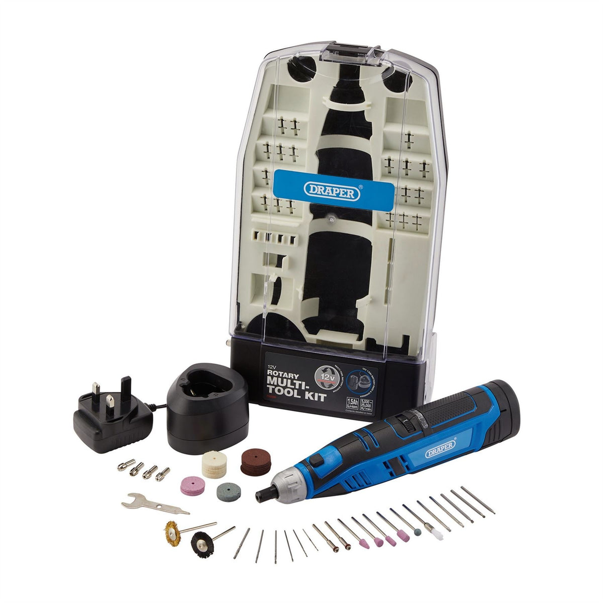 Draper 12V Rotary Multi-Tool Kit 1 x 1.5Ah Battery 1 x Fast Charger (50 Piece) 70298  White Rose Tools