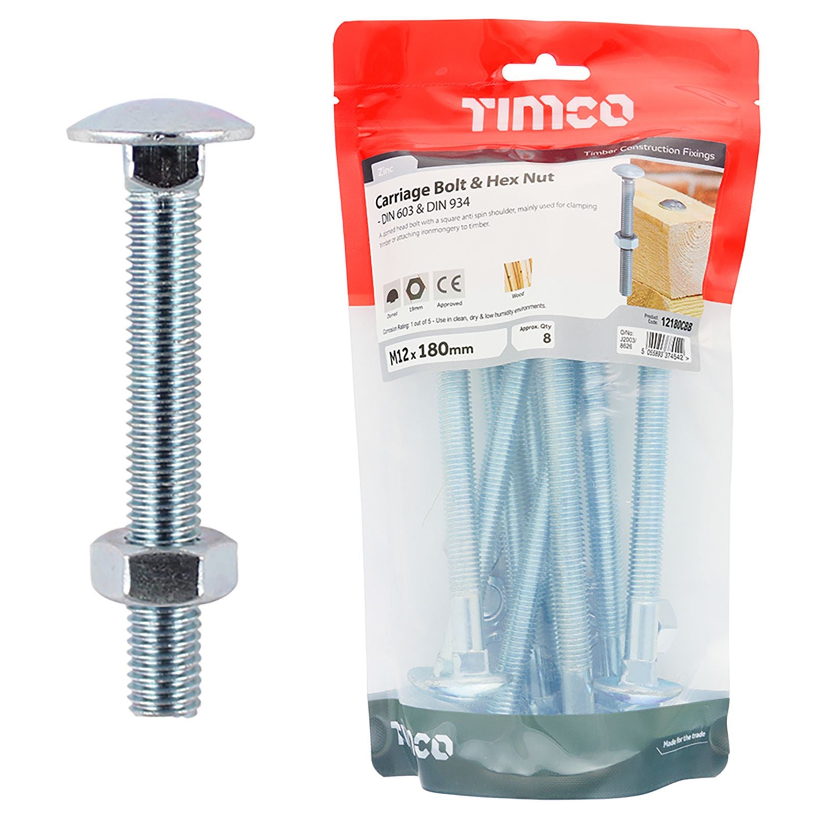 TIMCO Carriage Bolts with Hex Nuts 4.8 Grade Zinc Carbon Steel TIMbag M6-M12 - Choose Size