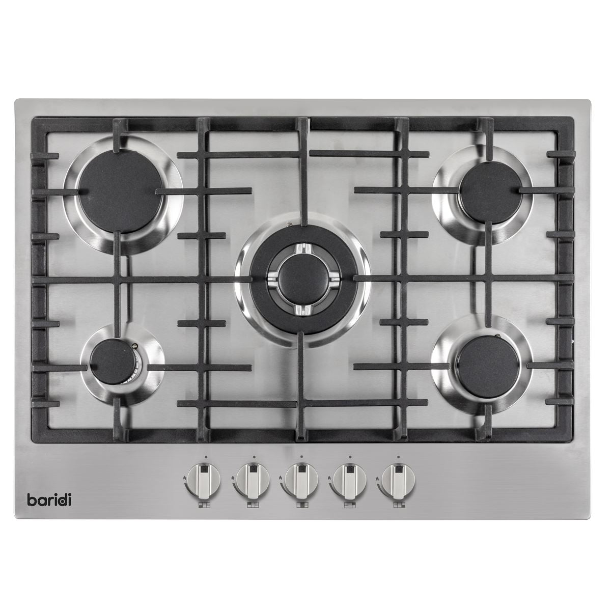 Baridi 70cm Gas Hob, 5 Burner and Cast Iron Pan Supports, Stainless Steel