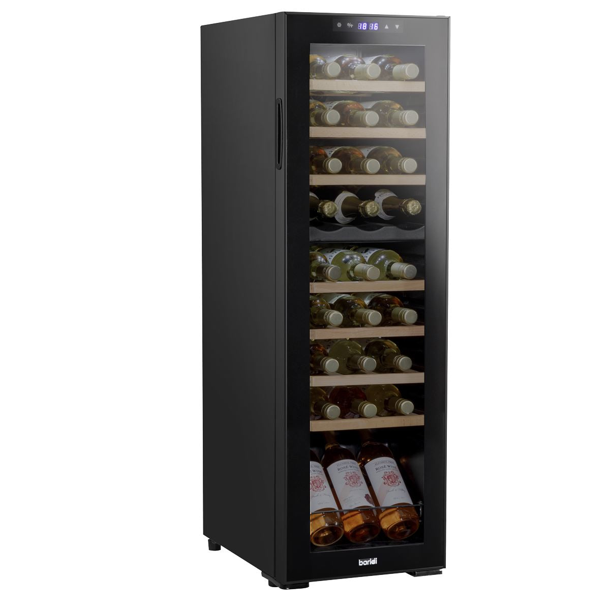 Baridi 27 Bottle Dual Zone Wine Cooler, Fridge with Digital Touchscreen Controls, Wooden Shelves & LED Light, Black
