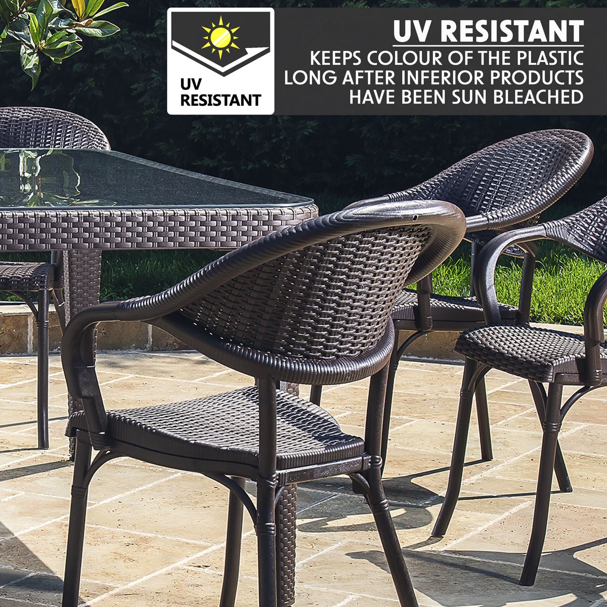 Dellonda 7-Piece Dining Set Weather-Resistant Polypropylene/Fibreglass,Tempered Glass Tabletop, Stackable Chairs - Wenge