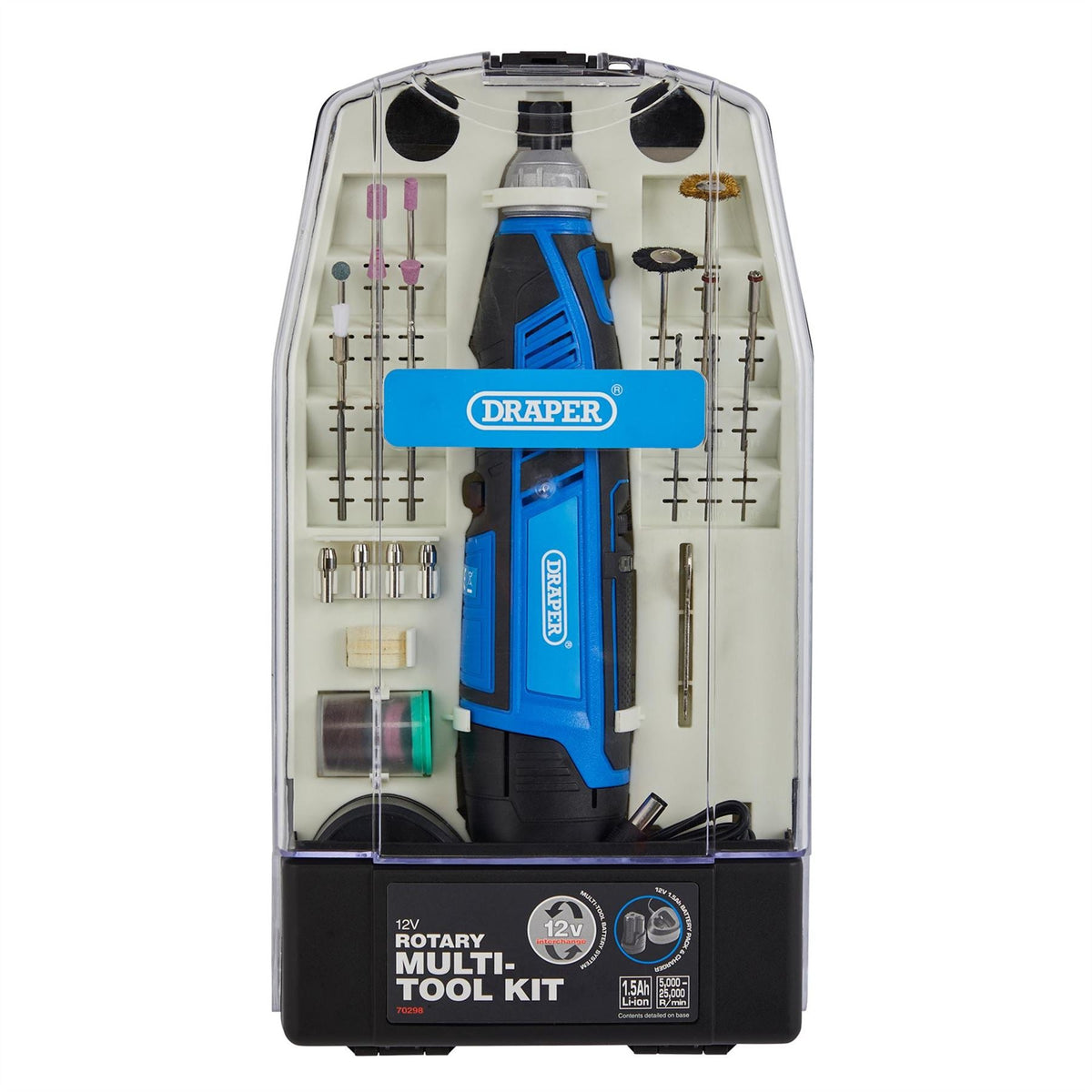 Draper 12V Rotary Multi-Tool Kit 1 x 1.5Ah Battery 1 x Fast Charger (50 Piece) 70298  White Rose Tools