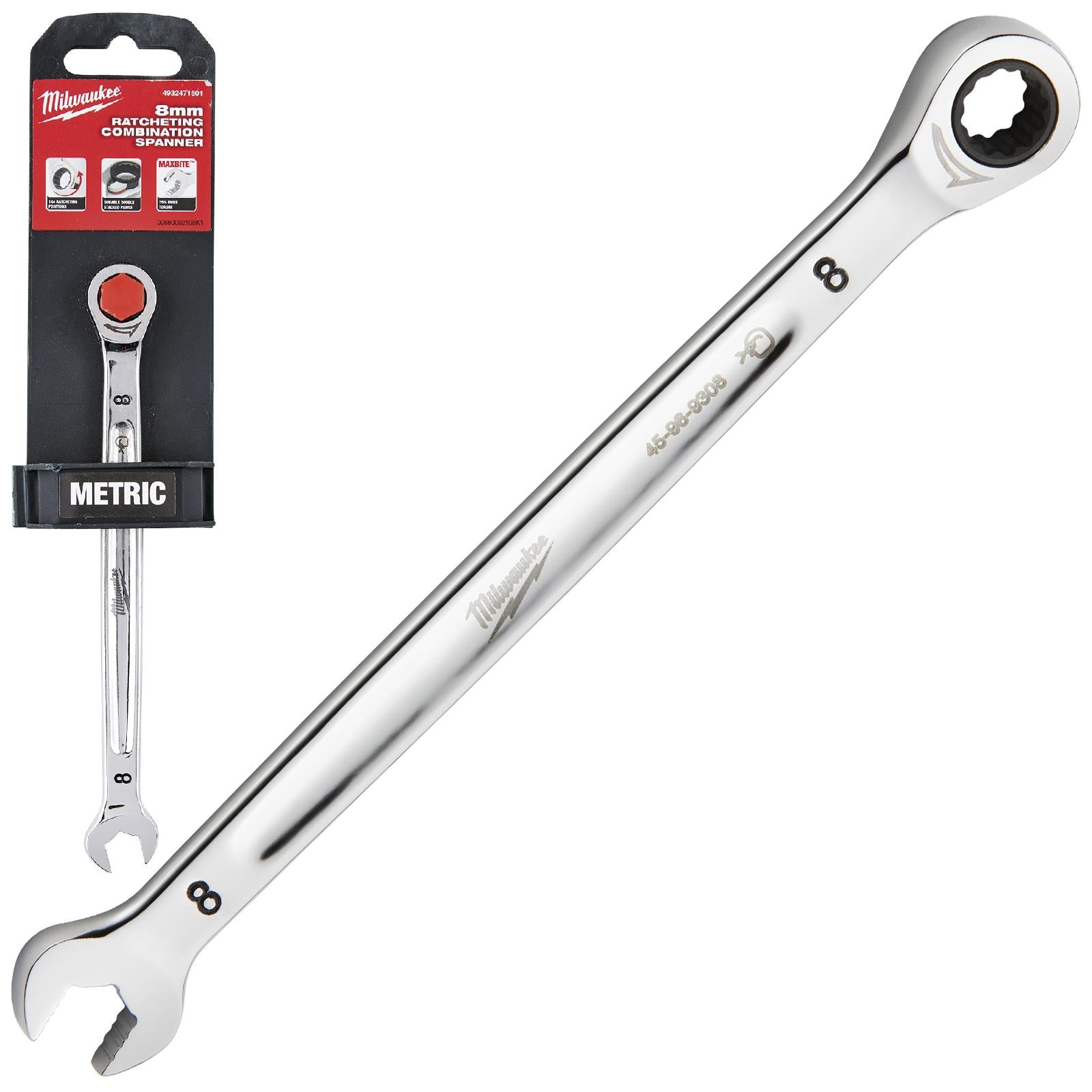 Milwaukee Ratchet Combination Spanners MAX BITE Fixed Head Open End Ring - Choose Size