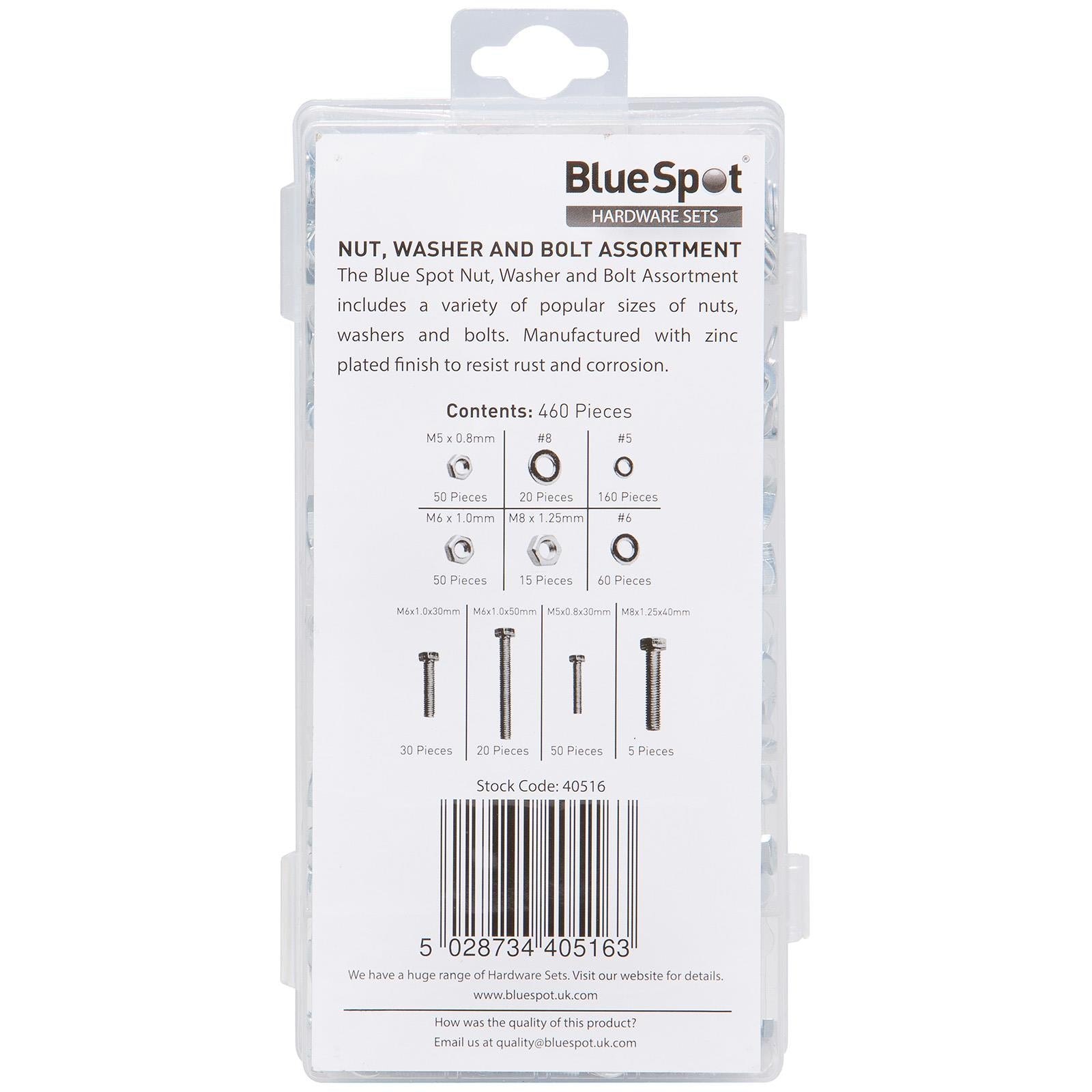 BlueSpot Nut Washer and Bolt Set Assorment Box 460 Piece M5-M8  White Rose Tools