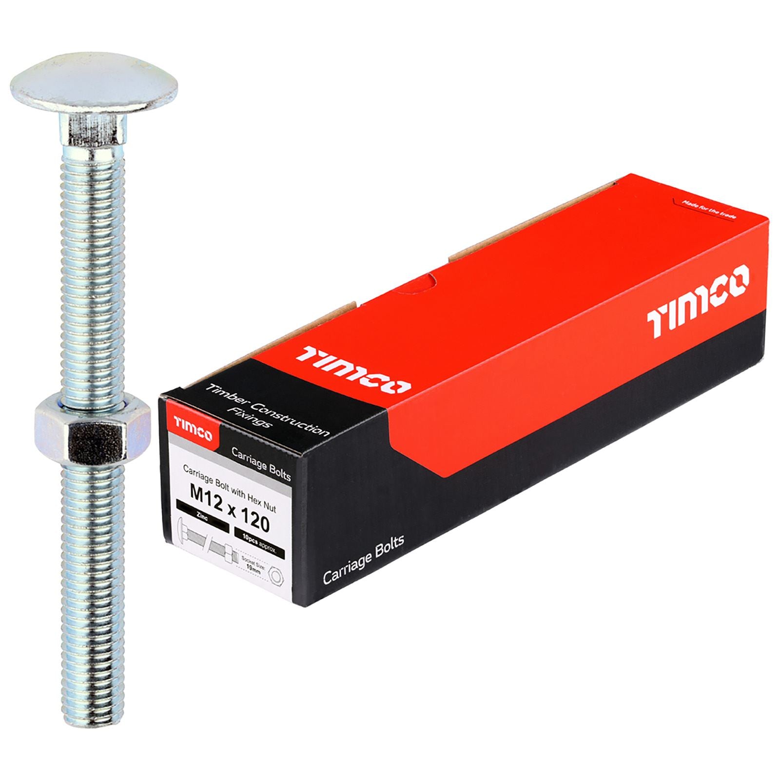 TIMCO Carriage Bolts with Hex Nuts 4.8 Grade Zinc Carbon Steel Boxed M6-M16 - Choose Size