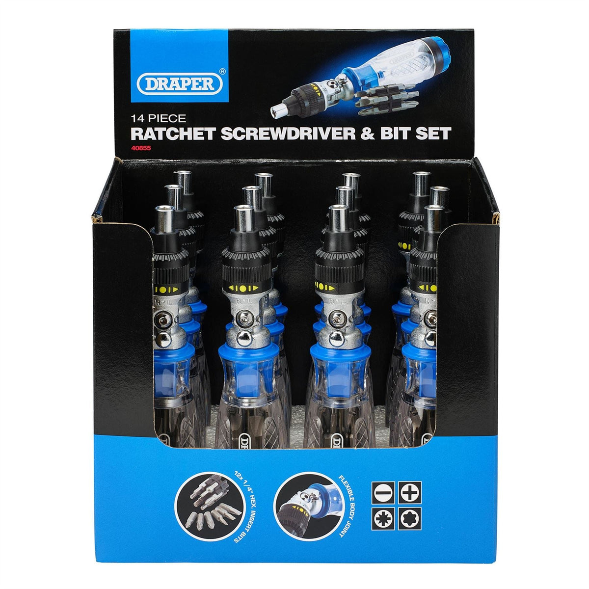 Draper Ratcheting Screwdriver and Bit Set (14 Piece) 40855  White Rose Tools