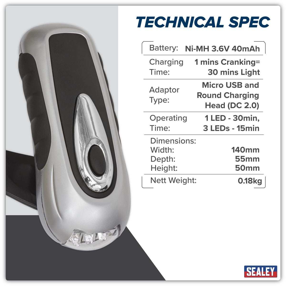 Sealey Rechargeable Wind-Up Torch 3 LED