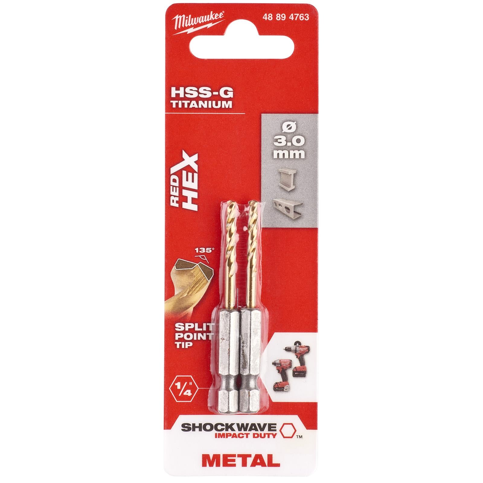 Milwaukee Red Hex Metal Drill Bits HSS Shockwave Impact Duty 1/4" Hex Shank 