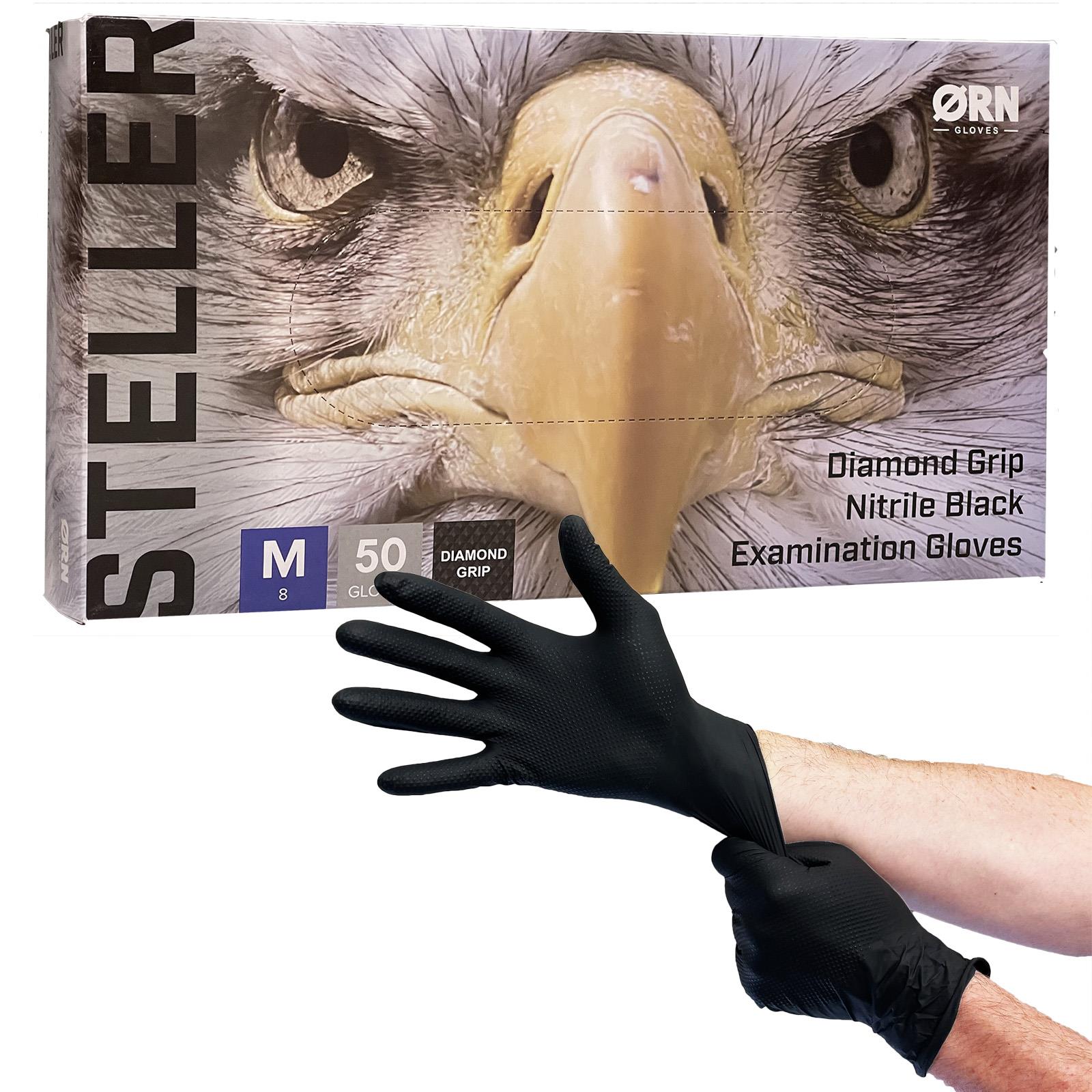 ORN Nitrile Disposable Gloves Steller Diamond Grip Black Powder Latex Free 50 Box -Choose Size