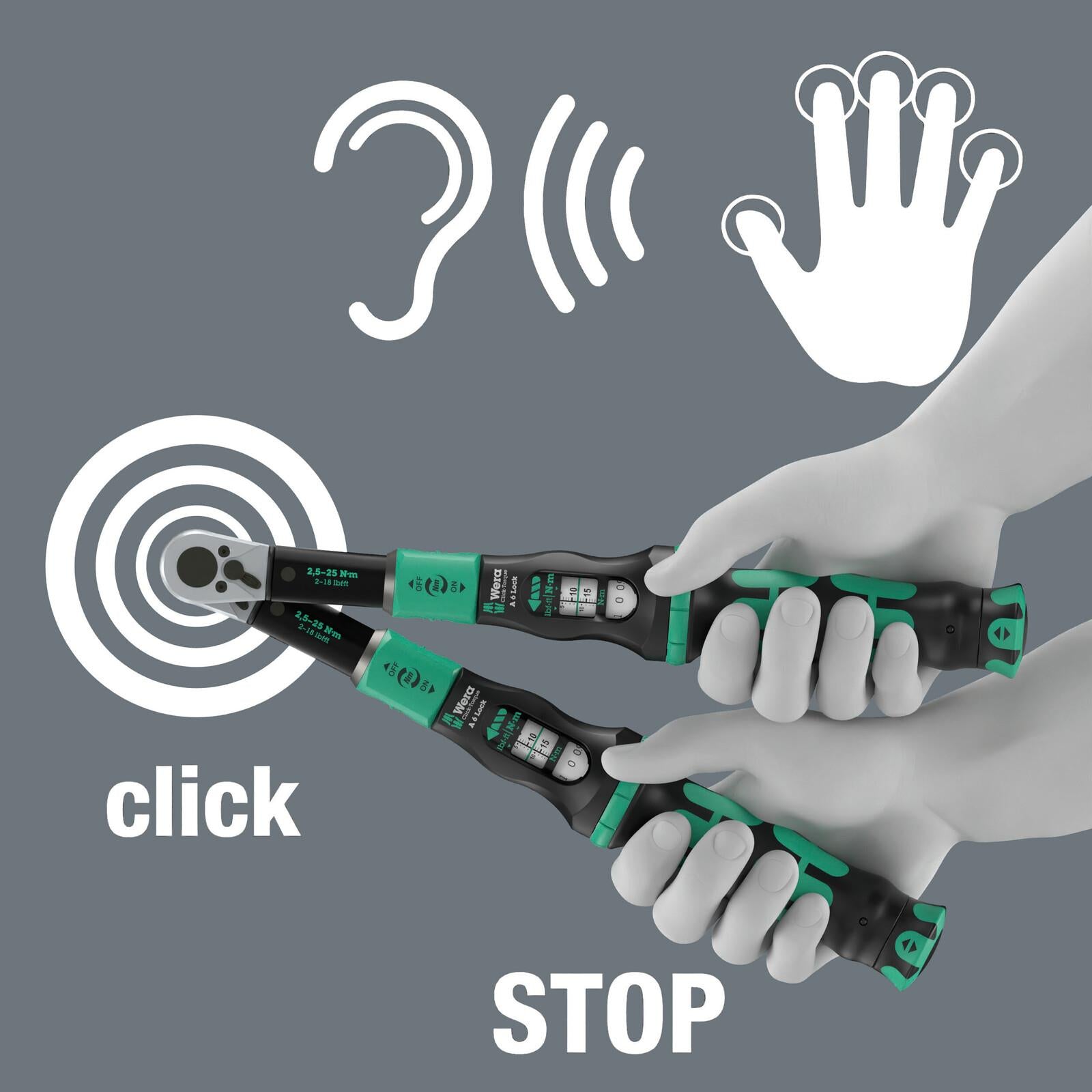 Wera Click Torque Lock Wrench A 6 Reversible Ratchet 2.5-25 Nm 1/4" Hex Clockwise Torque Operation  White Rose Tools