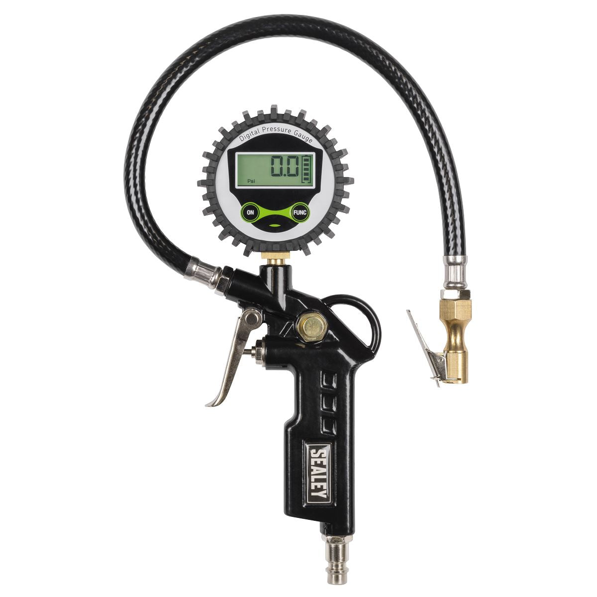 Sealey Digital Pistol Grip Tyre Inflator with Clip-On Connector  White Rose Tools