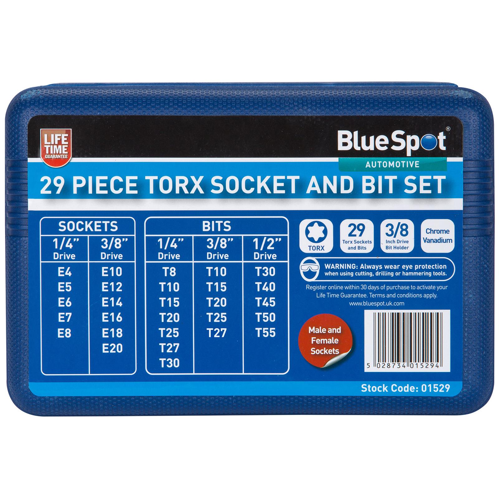 BlueSpot Torx Socket External Torx Socket and Bit Set 29 Piece T10-T55 E4-E20  White Rose Tools