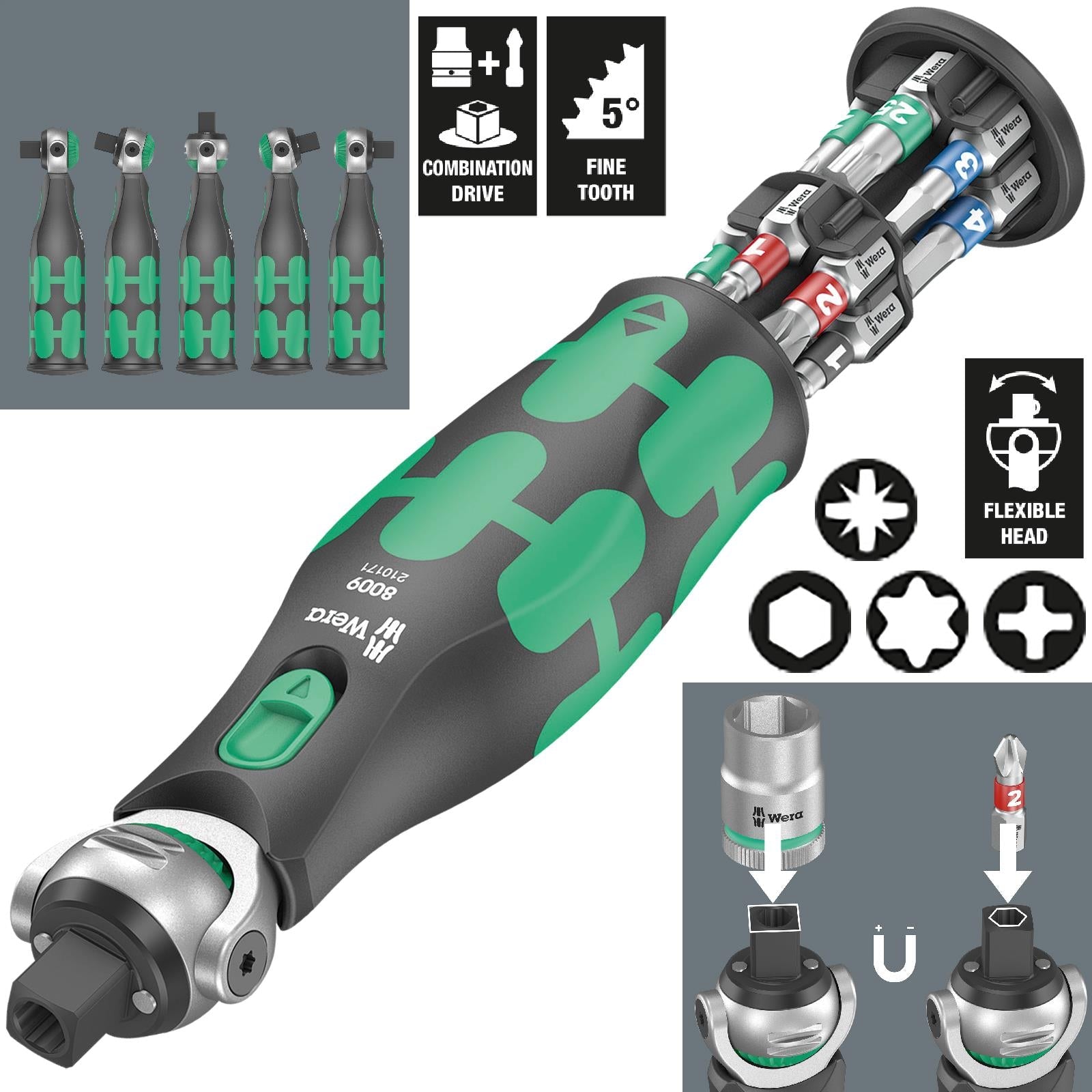 Wera Compact Screwdriver Socket Wrench Zyklop Pocket Set 1 13 Pieces 8009 3/8" Drive 1/4" Hex 