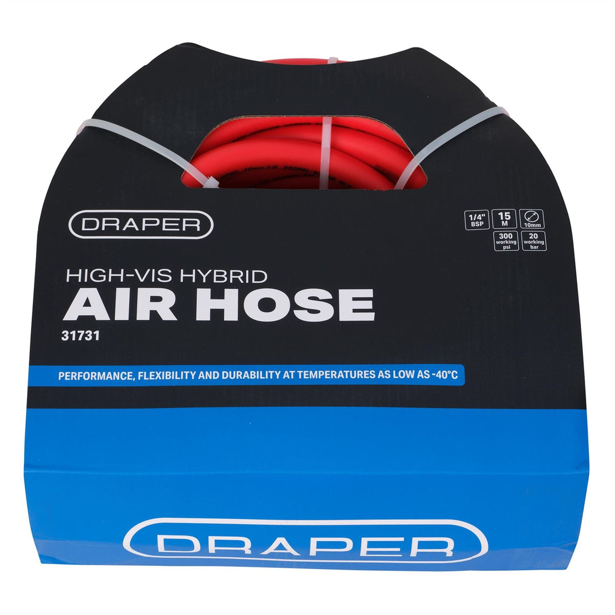 Draper High Visibility Hybrid Air Hose 15m x 10mm 1/4" BSP Red 31731  White Rose Tools