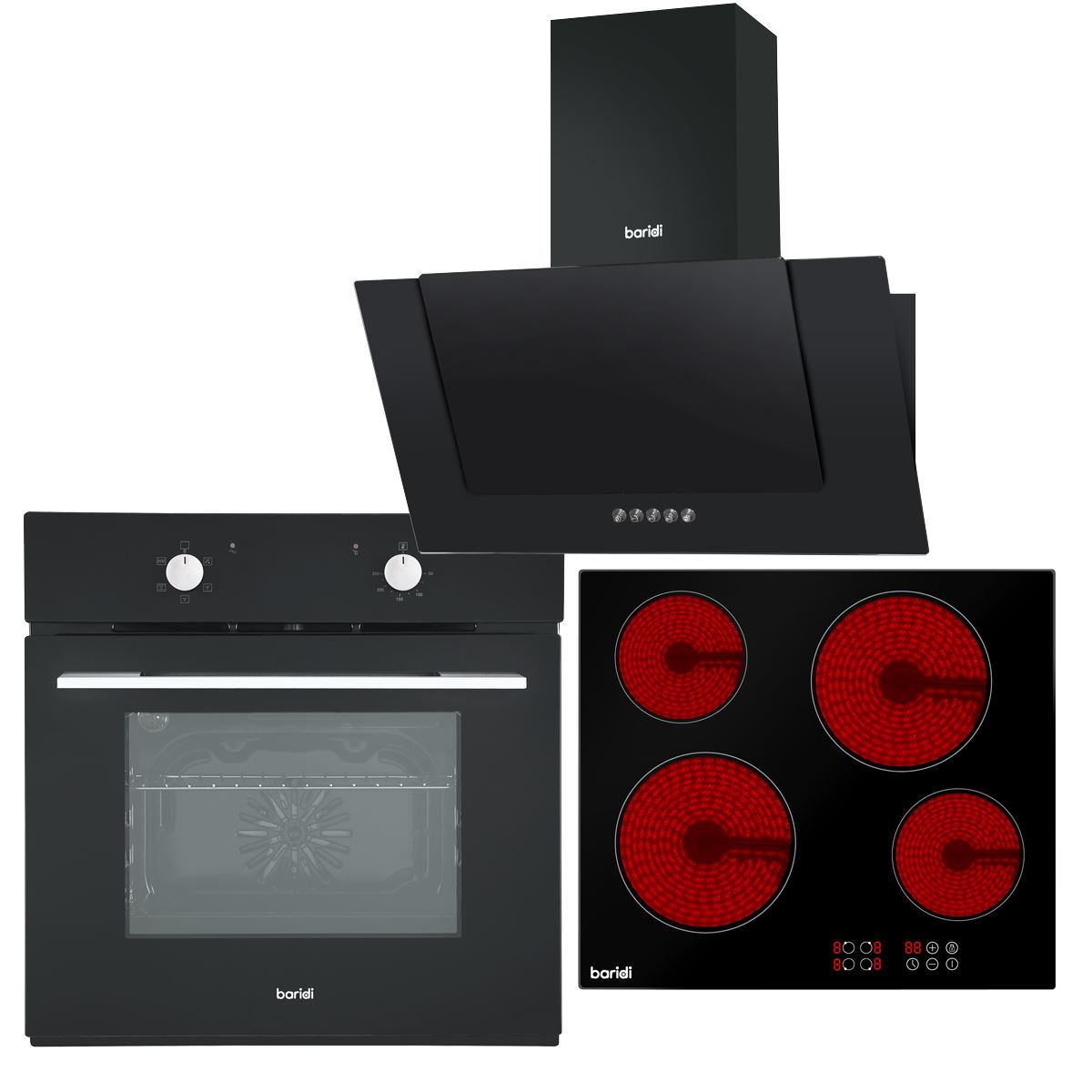 Baridi 4 Zone Ceramic Hob, 5 Function Fan-Assisted Oven & Angled Cooker Hood