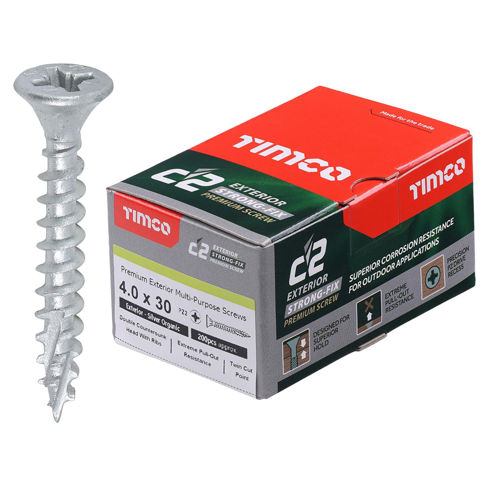 TIMCO C2 Exterior Strong Fix Premium External Wood Screws Pozi Box Exterior Silver Organic - Choose Size