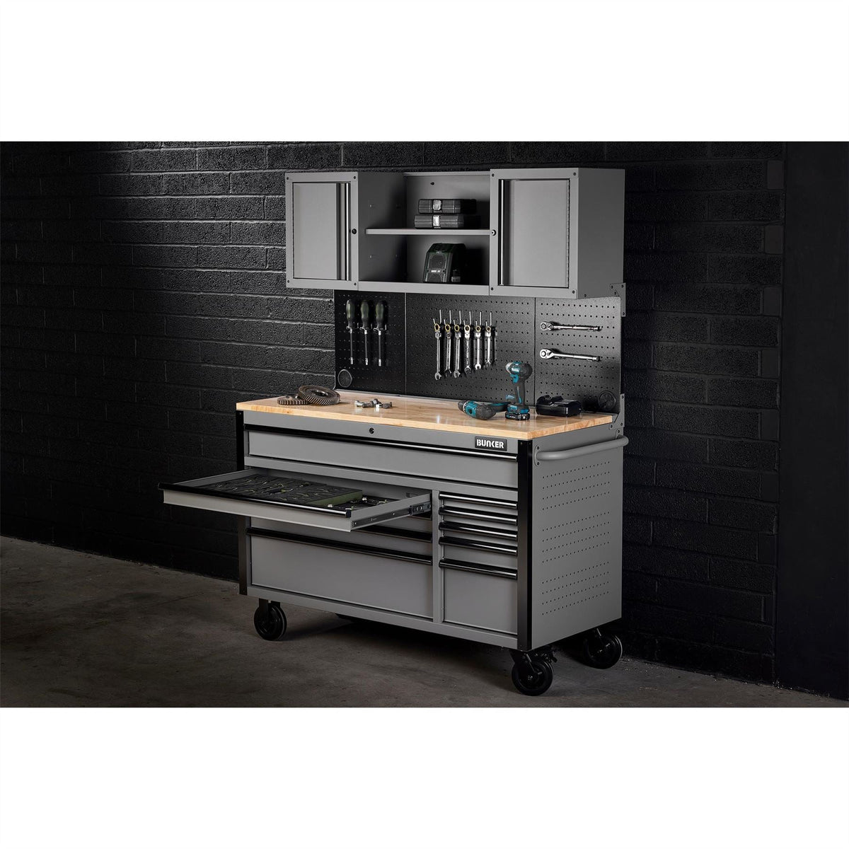 BUNKER 10 Drawer Roller Workstation with Workbench 56" Light Grey 27360  White Rose Tools