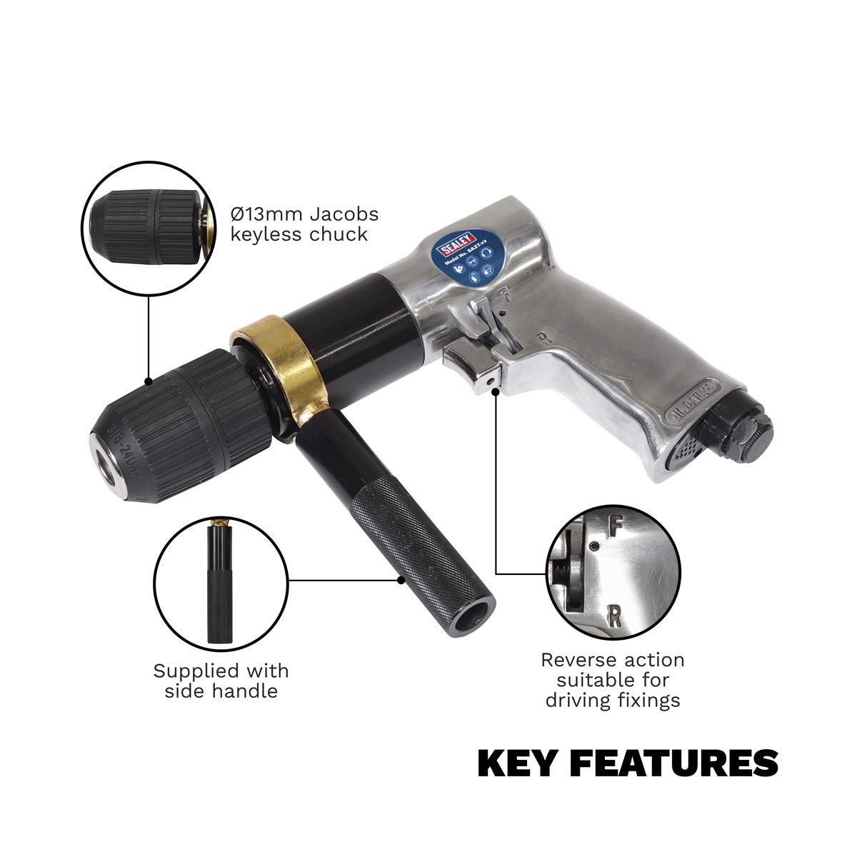 Sealey Air Drill Ø13mm 700rpm Reversible Keyless Chuck