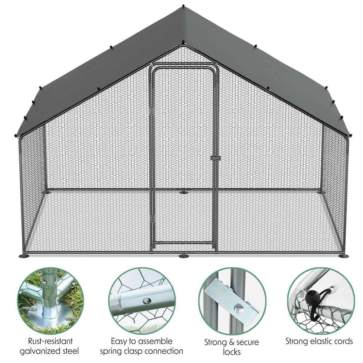 Dellonda 3 x 2 x 2m Walk-In Chicken Run, Galvanized Steel, Roof Cover, PVC Coated Chicken Wire