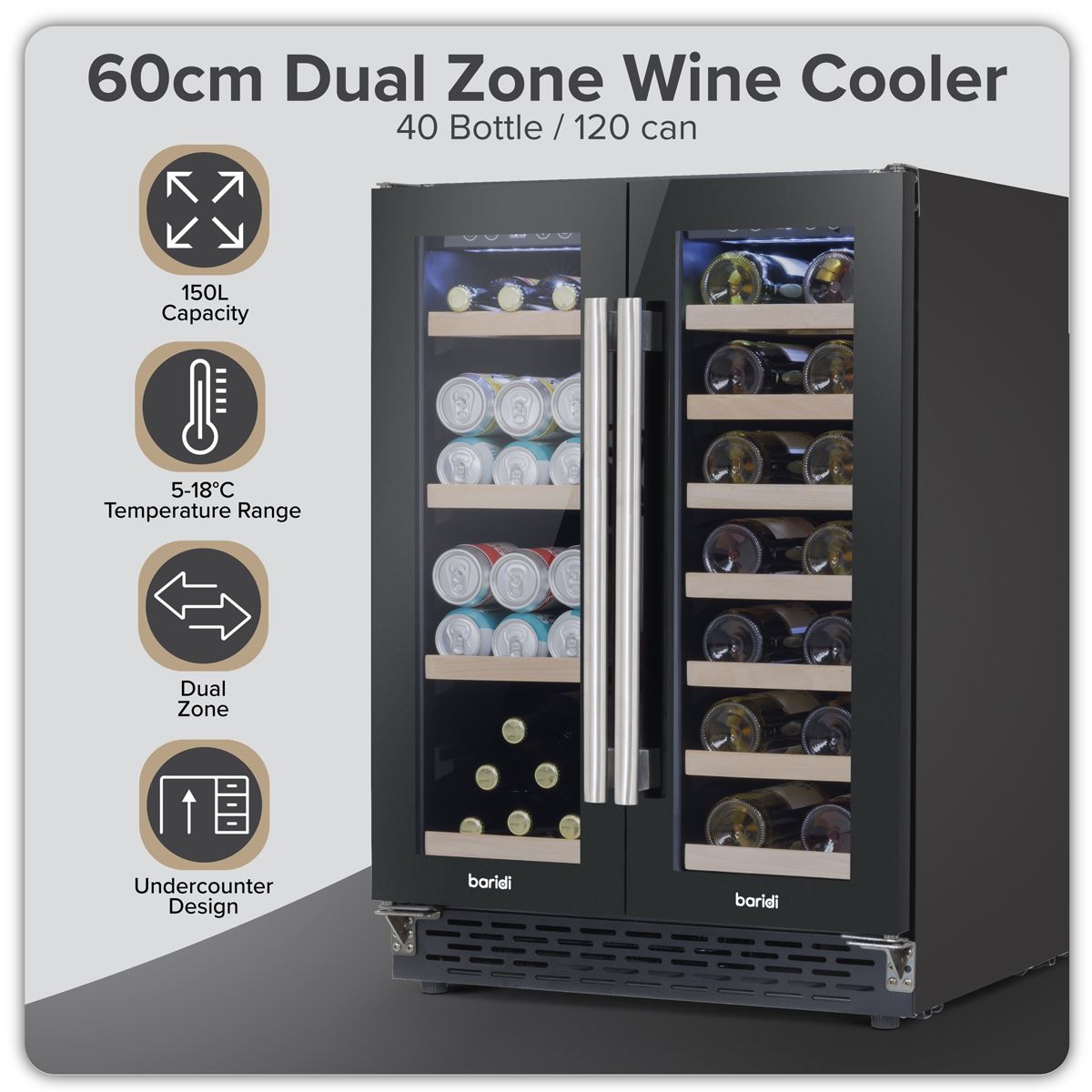 Baridi 60cm Dual Zone Wine Cooler and Drinks Fridge 40 Bottle/120 Can Built-In Under Counter/Freestanding Glass Fronted Bar Drinks Fridge Chiller