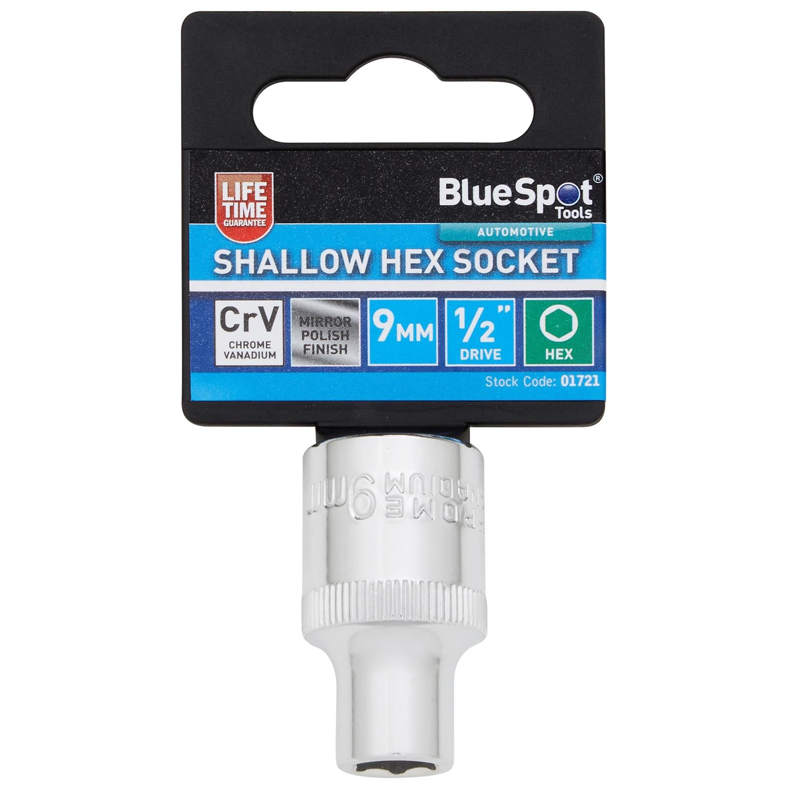 BlueSpot Shallow Socket 1/2" Drive 6 Point Hex Chrome Individual 8-32mm - Choose Size  White Rose Tools