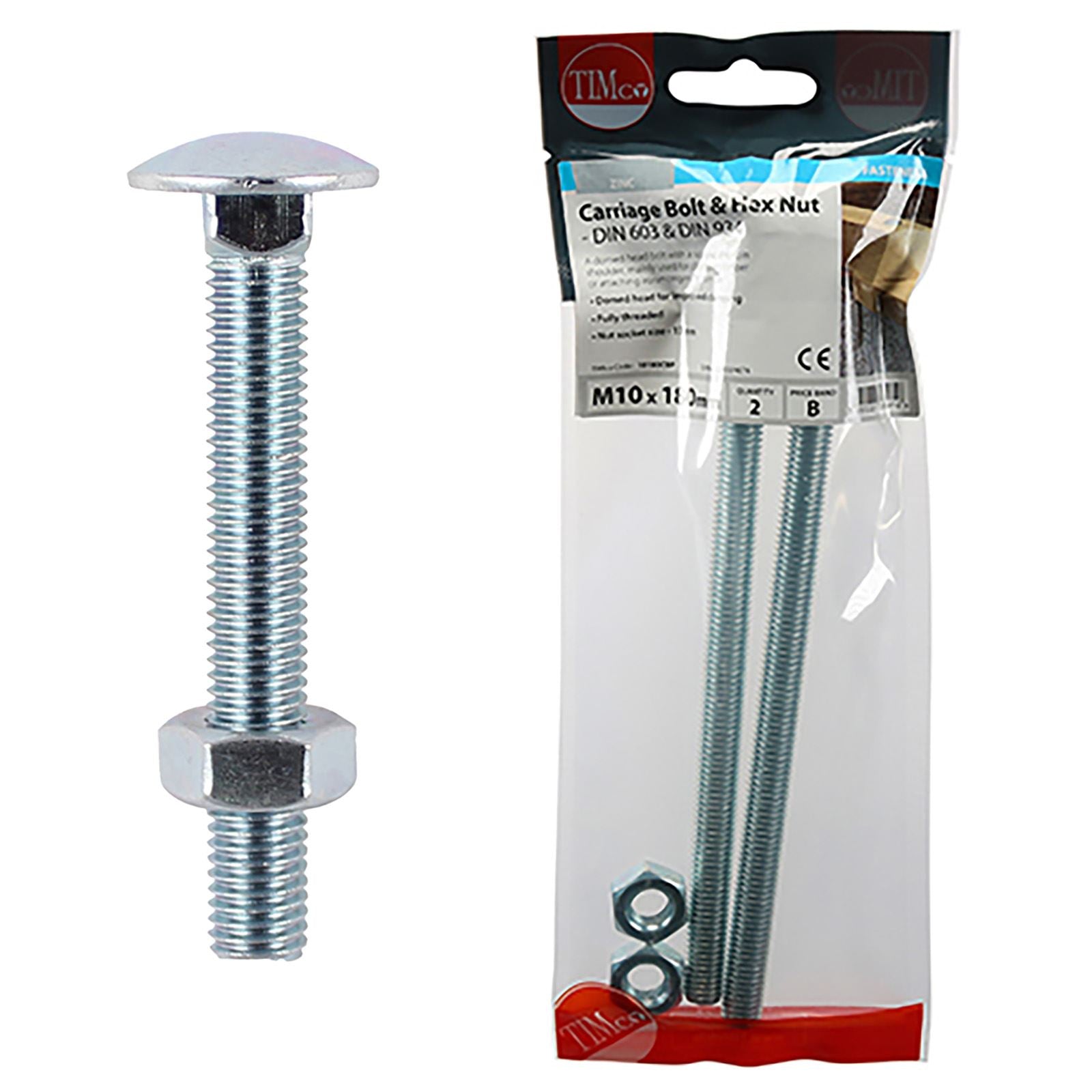 TIMCO Carriage Bolts with Hex Nuts 4.8 Grade Zinc Carbon Steel TIMpac M6-M12 - Choose Size