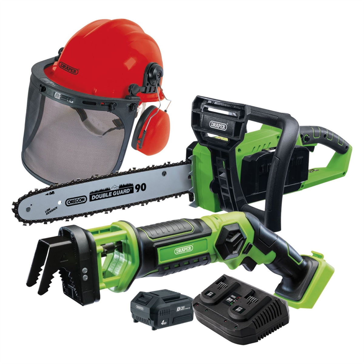 Draper D20 Cordless Garden Saw Kit with Forestry Helmet 99763  White Rose Tools