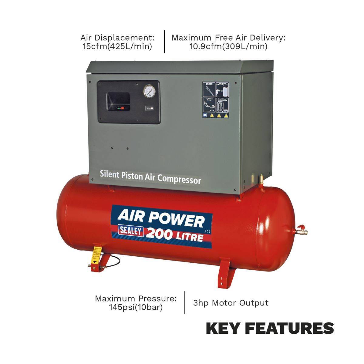 Sealey 200L Low Noise Belt Drive Air Compressor with Cast Cylinders 3hp 