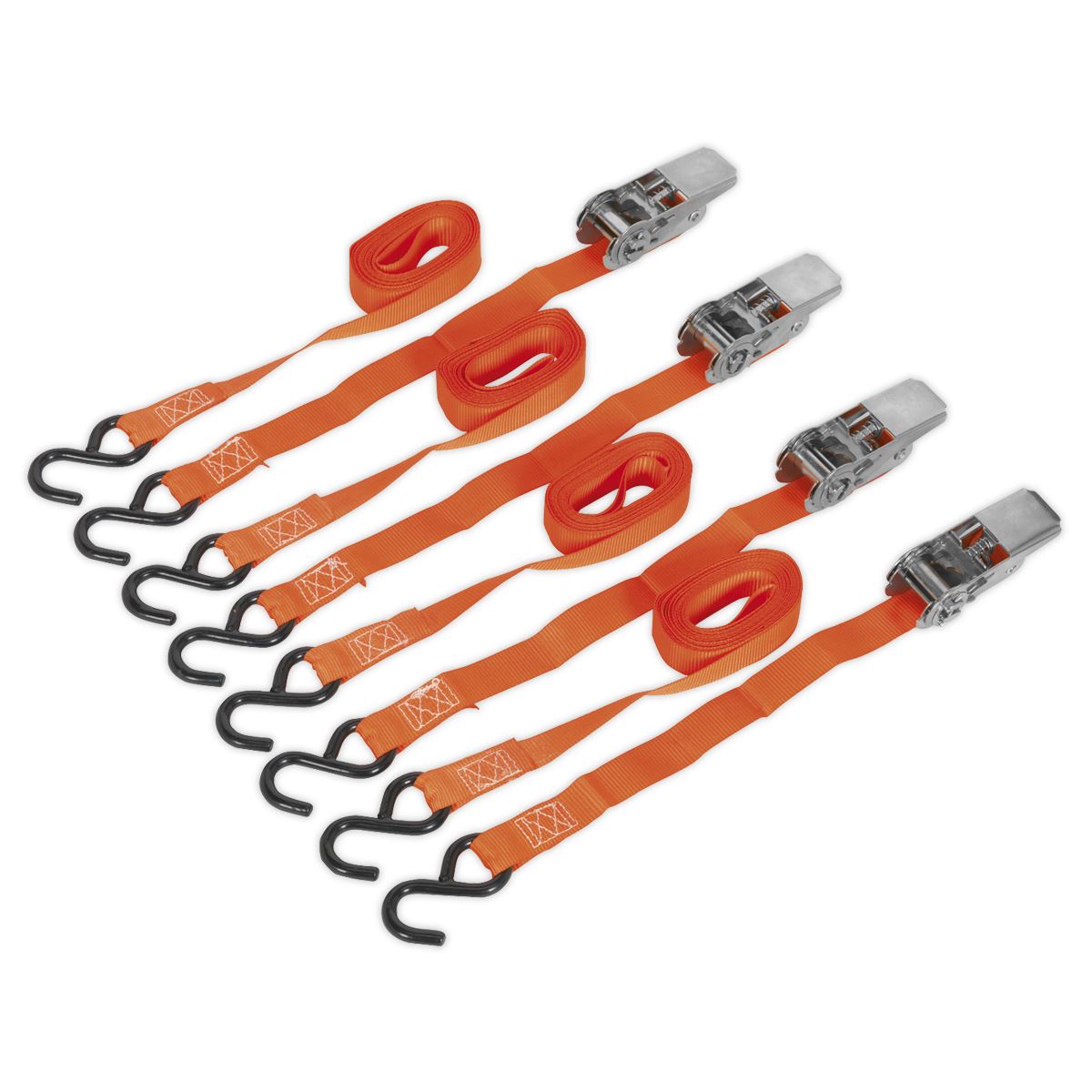 Sealey Ratchet Straps 25mm x 4m Polyester Webbing with S-Hooks 500kg Breaking Strength - 2 Pairs 