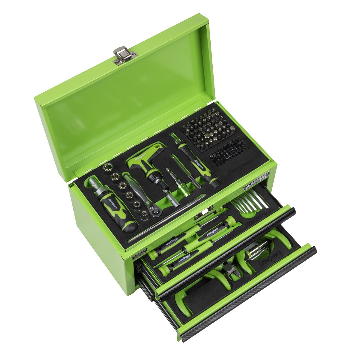 Siegen by Sealey Mini Toolbox 2 Drawer with 111pc Tool Kit - Green  White Rose Tools