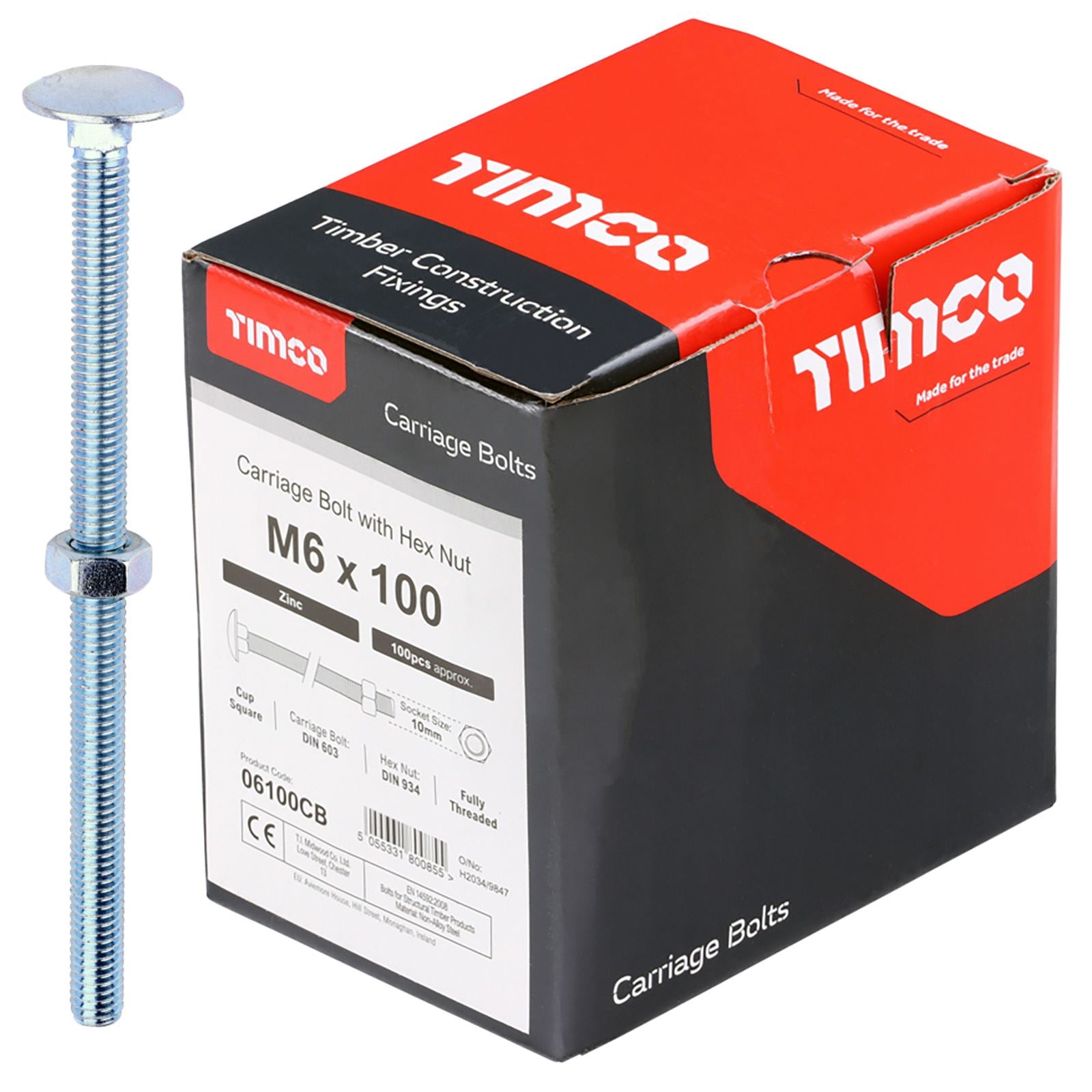 TIMCO Carriage Bolts with Hex Nuts 4.8 Grade Zinc Carbon Steel Boxed M6-M16 - Choose Size