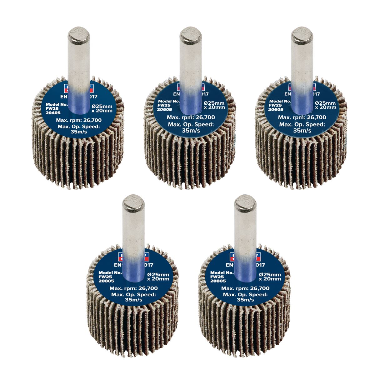 Sealey Abrasive Flap Wheel Ø25 x 20mm Ø6mm Shaft Assorted Grit - Pack of 5 