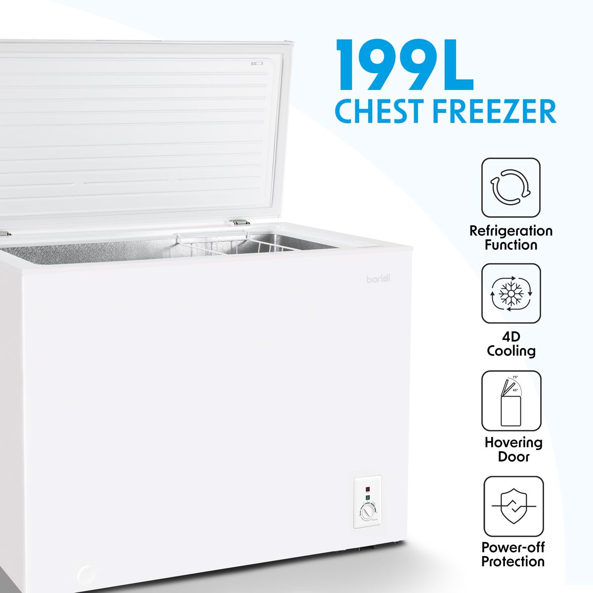 Baridi Freestanding Chest Freezer, 199L Capacity, Garages and Outbuilding Safe, -12 to -24°C Adjustable Thermostat with Refrigeration Mode, White