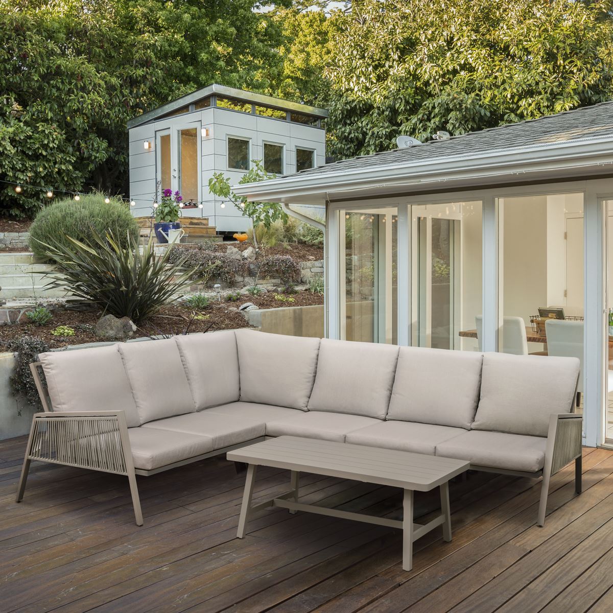 Dellonda Fusion 4-Piece Outdoor Garden Corner Sofa & Coffee Table Set, Aluminium