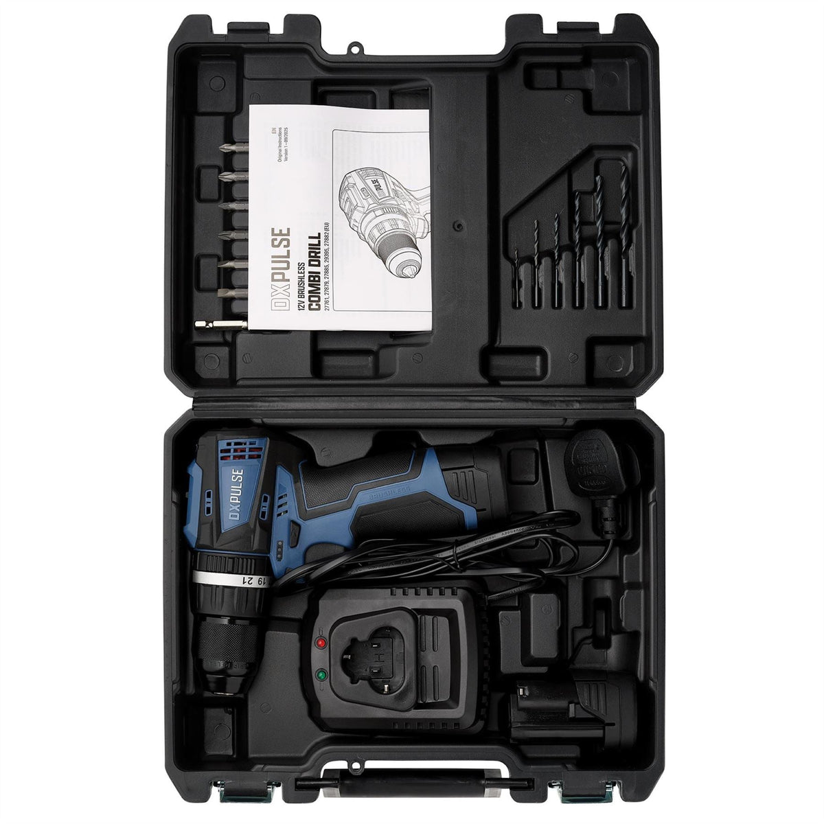 Draper DXPULSE 12V Brushless Combi Drill Kit 2 x 2.0Ah Batteries 1 x Charger 27879  White Rose Tools