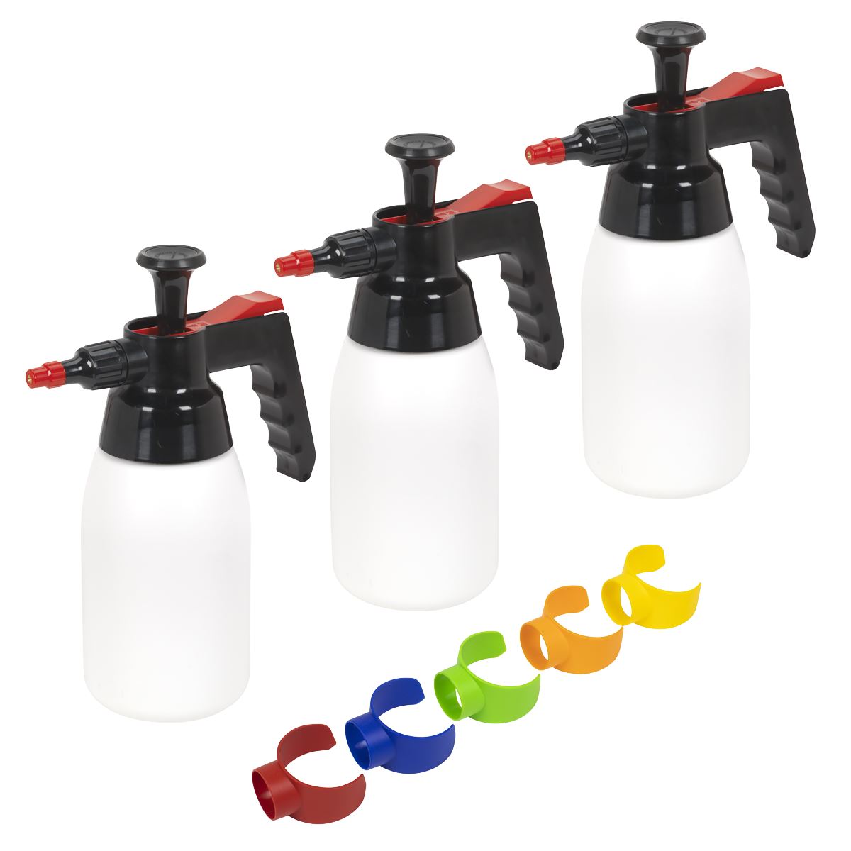 Sealey Premium Pressure Solvent Sprayers 1L & Colour-Coded Caps Combo