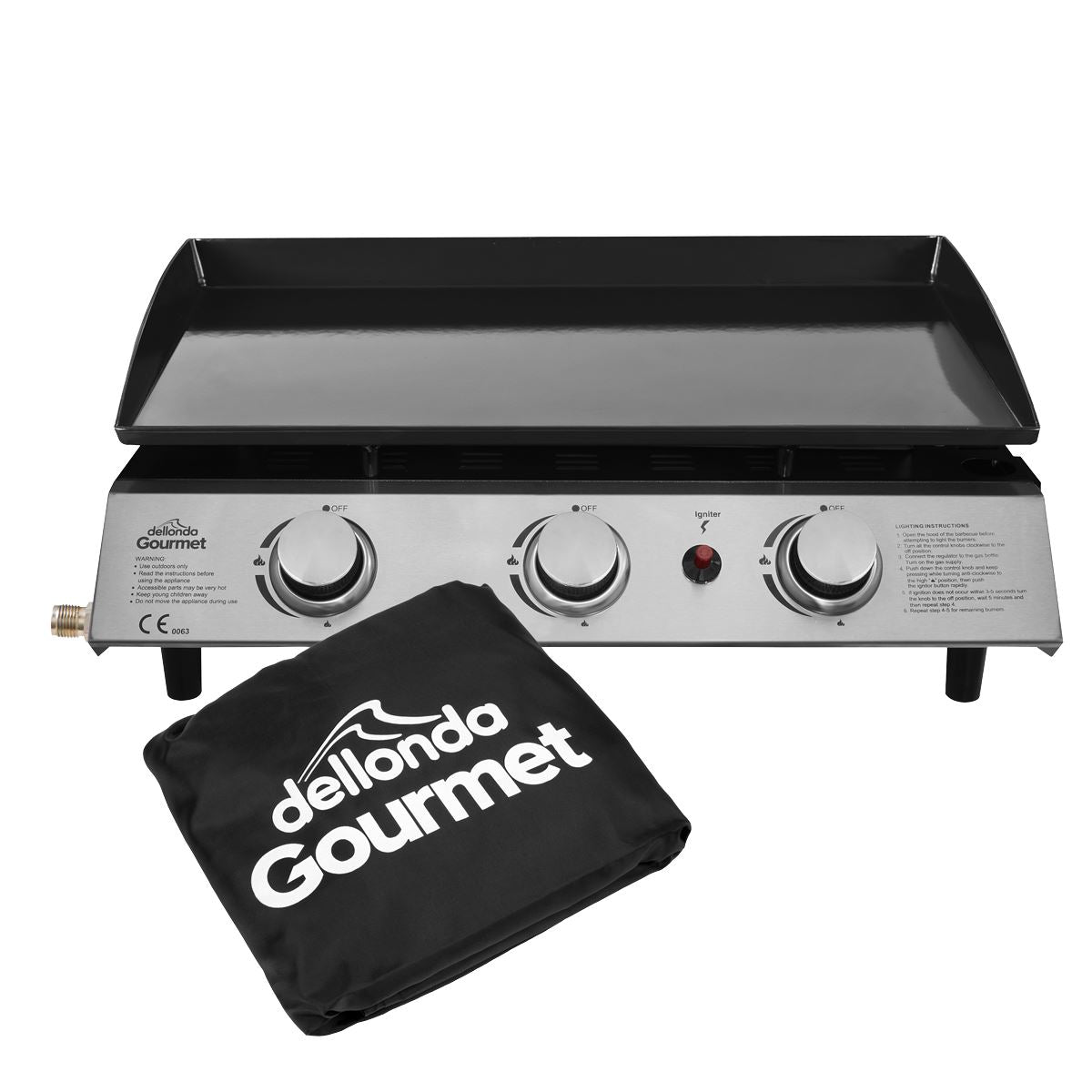 Dellonda 3 Burner Portable Gas Plancha 7.5kW BBQ Griddle, Supplied with PVC Cover, Stainless Steel
