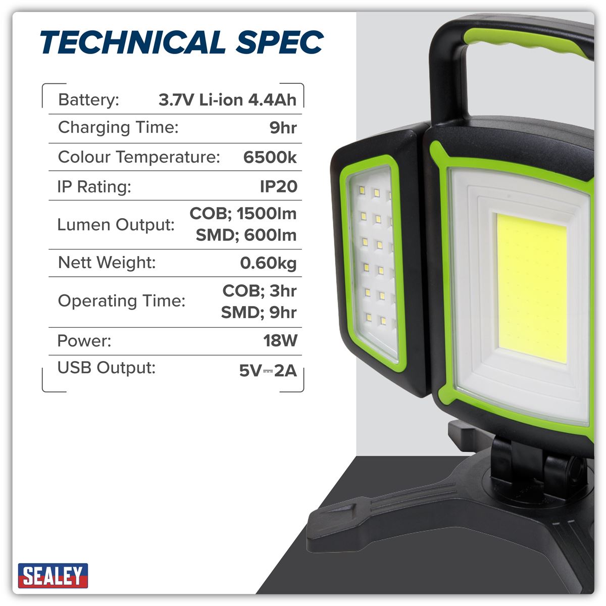 Sealey Rechargeable Flexible Floodlight 18W COB & 9W SMD LED